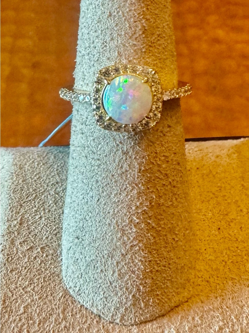 Sterling Opal Halo Ring with Pavé Band - White Opal